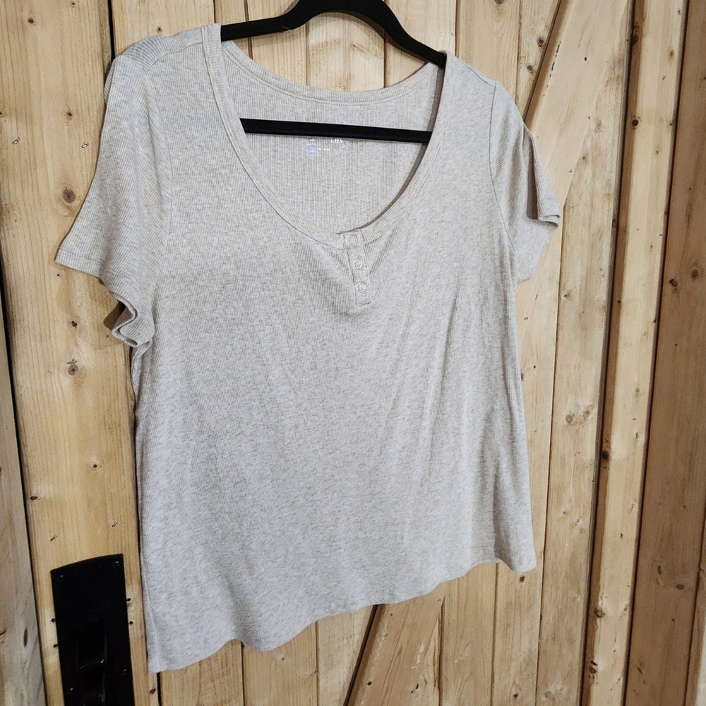 Terra & Sky Womens henley Oatmeal Heather Ribbed Short Sleeve Top Size 0X 14W
